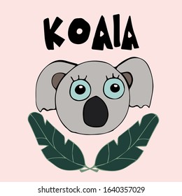 koala hand drawn vector illustration with Lettering and tropical leaves. Can be used for card, mug, brochures, poster, t-shirts etc.