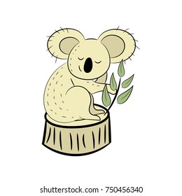 Koala, a hand drawn vector illustration of a cute koala, the koala, white line, and background trees are on separate groups for easy editing.