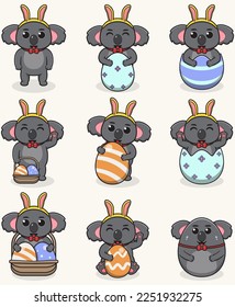 Koala Happy Easter. Cute Koala on the Easter theme in cartoon. Vector illustration. Isolated on white background. Easter holiday vector set.