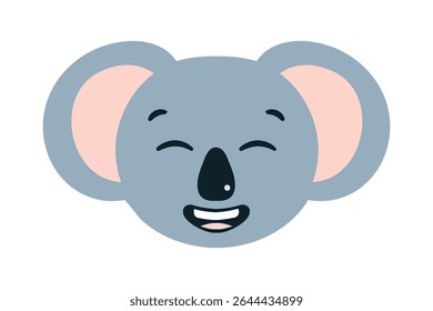 Koala com expressão feliz, Rindo. Marsupial Australian Animal com olhos fechados, largo sorriso. Joyful, cabeça alegre. Cartoon para ícones, adesivo, emoji, livros infantis. Isolado. Ilustração vetorial