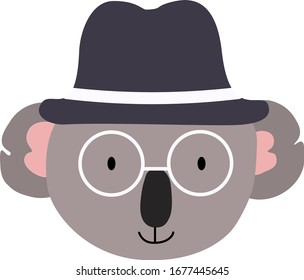 koala in a hat and glasses.Vector illustration isolated on white background. Flat style. Tropical animal in a blue hat, with a smile. Use for prints, posters, desk illustrations.