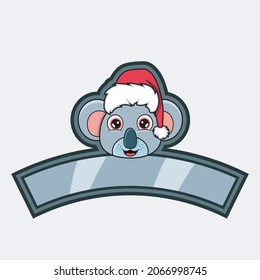 Koala Head Character Logo, icon, watermark, badge, emblem and label with Christmas Hat. Vector And Illustration.