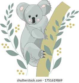  Koala head face on a tree branch. Gray silhouette kawaii animal. Notebook cover, t-shirt with print. Love Greeting Card. Flat design. White background.