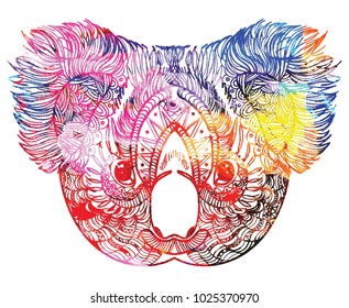 Koala. Head of koala and fluffy ears. Drawing manually in vintage style. Meditative coloring. Coloring for children. Arrows, points, patterns, waves. Animals of Australia.