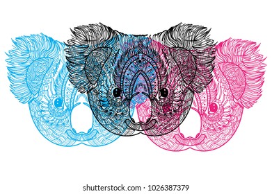 Koala. Head of koala and fluffy ears. Drawing manually in vintage style. Meditative coloring. Coloring for children. Arrows, points, patterns, waves. Animals of Australia.