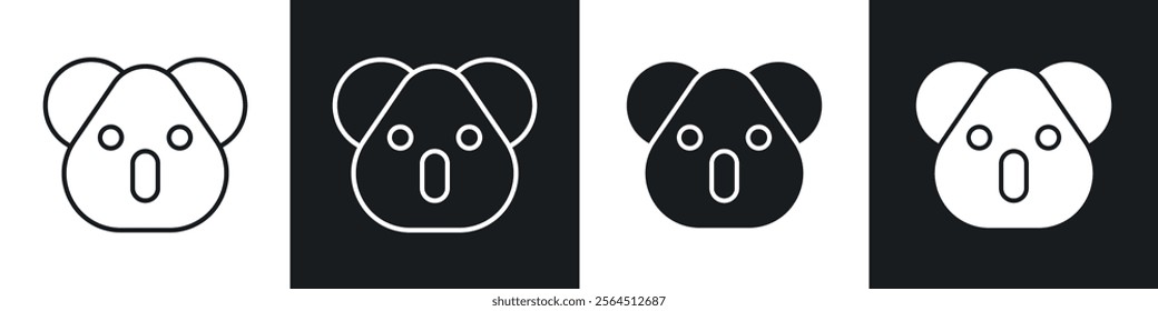 Koala head icons collection in black filled and line style.