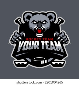 koala head logo for the ice hockey team logo. vector illustration. With a combination of shields badge, puck and ice hockey stick