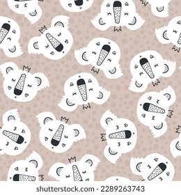 Koala head seamless pattern, cute animal fashion print, wrapping paper design. Childish pattern with animal faces. Cute baby animals.