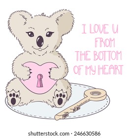 Koala with heart and key. Valentines day illustration