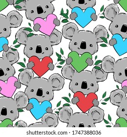 Koala and heart and leaves pattern seamless. Heart background. Vector illustration. Fabric design.