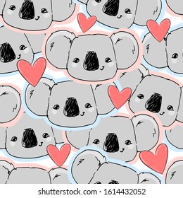 Koala and heart pattern seamless. Vector illustration. Fabric design textile. Love heart. Valentine.