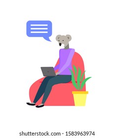 Koala hipster animal sitting on soft bag with laptop, portrait view of pet character working with wireless computer, green plant and message icon vector