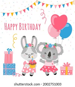 Koala holding balloons, bunny standing with a muffin and a candle.Greetings to the birthday boy.Colorful, a card for a girl's birthday.Vector flat illustration.