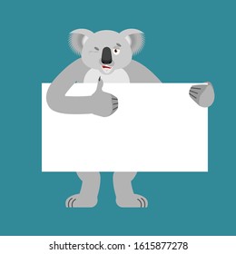 Koala holding banner blank. koala bear and white blank. Beast thumb up and winks joyful emotion. place for text. Vector illustration