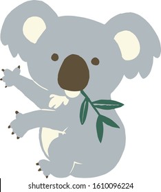 A koala holding a leaf and waving. Vector illustration on white background.