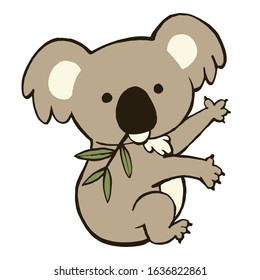 A koala holding a leaf and waving. Vector illustration on white background.