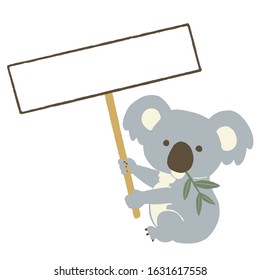 Koala holding a signboard. Vector illustration on white background.