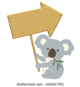 Koala holding a signboard. Vector illustration on white background.