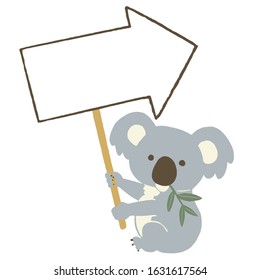 Koala holding a signboard. Vector illustration on white background.