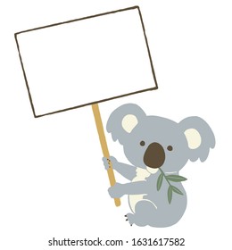 Koala holding a signboard. Vector illustration on white background.