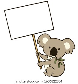 Koala holding a signboard. Vector illustration on white background.