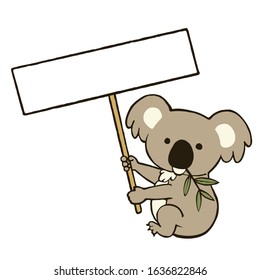 Koala holding a signboard. Vector illustration on white background.