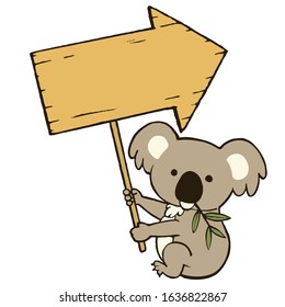 Koala holding a signboard. Vector illustration on white background.