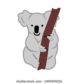 Koala holds tree trunk with its paws, simple vector doodle. Cheerful cute clipart of marsupial animal - a symbol of Australia and a major draw for Australian zoos and wildlife parks