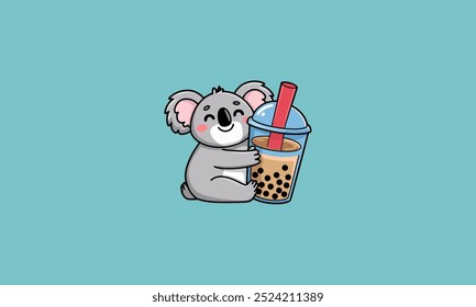 Koala hugging bubble tea with a giant straw