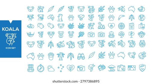 Koala Icon Set: A collection of diverse line art icons representing koalas and Australian themes, presented in a clean blue design.