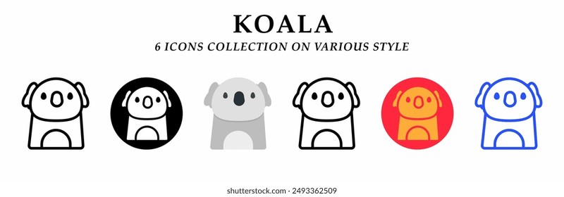 Koala icons collection. 6 Various styles. Lineal, solid black, flat, lineal color and gradient. For sign, symbol, presentation, infographic or web graphics. Vector Illustration.