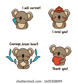 Koala icons with motivational slogans. Pray for Australia concept illustration, support stickers