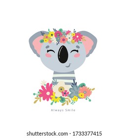 Koala Illustrationen mit Blumen. Vector Kinderdekoration. Hintergrundbild für Kinder.
