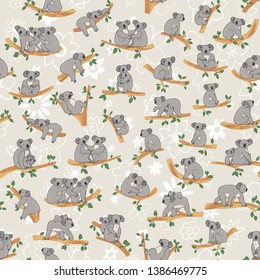 Koala illustrations hand drawn seamless vector pattern