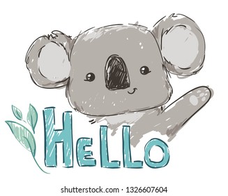 koala aislada de fondo blanco. Adiós de frases manuscritas.