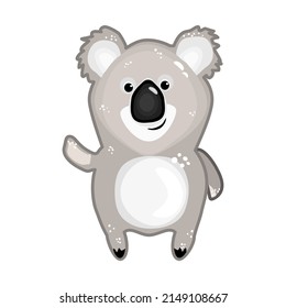 Koala isolated on white background. Lovely cartoon koala bear character sticker. Happy cute koala waving hand. Friendly little animal mascot standing. Symbol of Australia. Stock vector illustration