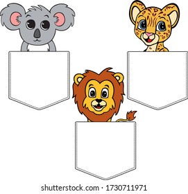 Koala, jaguar and lion in cartoon style. Pocket for print. Vector template for design T-shirts. Fashion graphic for apparel. Character image animals for children