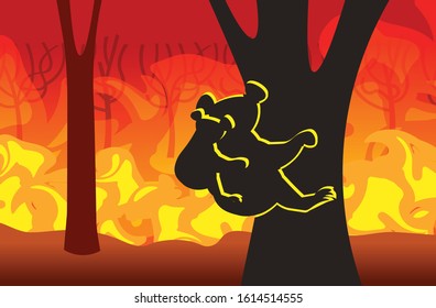 Koala With Joey Silhouettes Sitting On Tree Forest Fires In Australia Animals Dying In Wildfire Bushfire Natural Disaster Concept Intense Orange Flames Horizontal Vector Illustration