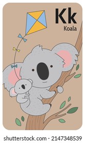 Koala K letter. A-Z Alphabet collection with cute cartoon animals in 2D. Koala sitting on a tree. Koala with a baby on the back looking at camera and flying a kite. Hand-drawn funny simple style.