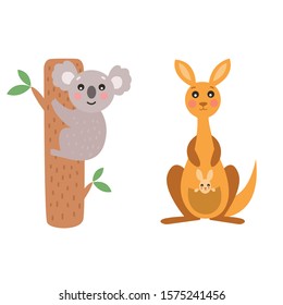 Koala and kangaroo cute animal clip art characters.Australian animals.Vector illustrations isolated on white background.Children illustrations.