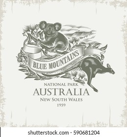 Koala, Kangaroo, National Park Blue Mountains, Australia, Vintage, Sepia, Illustration, Vector