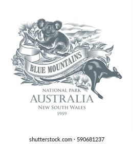 Koala, Kangaroo, National Park Blue Mountains, Australia, In Gray, Illustration, Vector