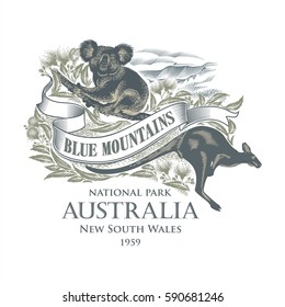 Koala, Kangaroo, National Park Blue Mountains, Australia, Illustration, Vector