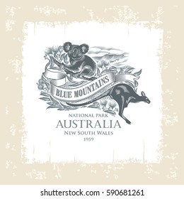 Koala, Kangaroo, National Park Blue Mountains, Australia, Vintage Frame, Illustration, Vector