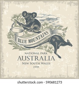 Koala, Kangaroo, National Park Blue Mountains, Australia, Vintage, Illustration, Vector