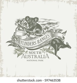 Koala, Kangaroo, national Park Flinders Ranges, South Australia, vintage, Sepia, illustration, vector