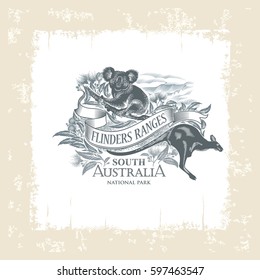 Koala, Kangaroo, national Park Flinders Ranges, South Australia, vintage frame, illustration, vector