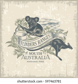 Koala, Kangaroo, national Park Flinders Ranges, South Australia, vintage, illustration, vector