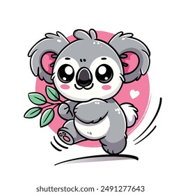 Koala with a leaf, cute cartoon-style koala, koala is holding a branch with green leaves