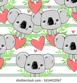 Koala and leaves pattern seamless. Heart background. Vector illustration. Fabric design.